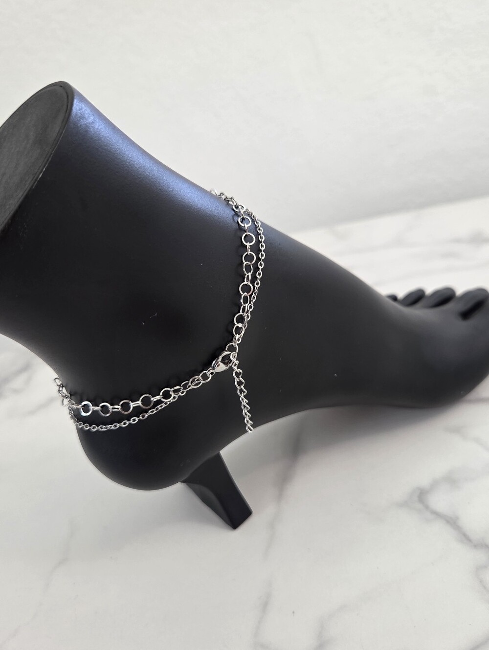 Silver Layered Butterfly Anklet Adjustable Double Chain Ankle Bracelet - Picture 9 of 12